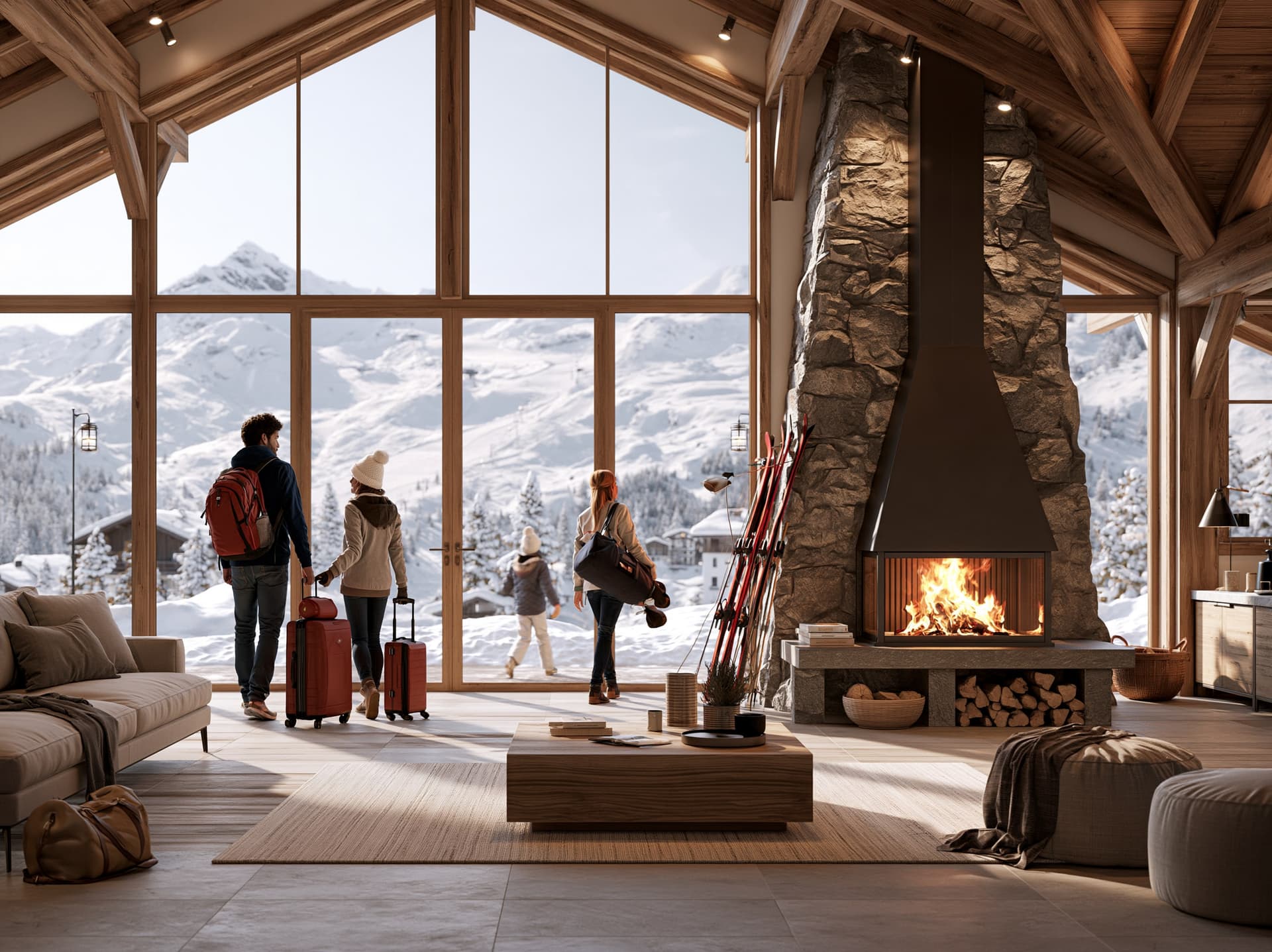 Guests arriving at a chalet living room with a fire lit and mountains through the window