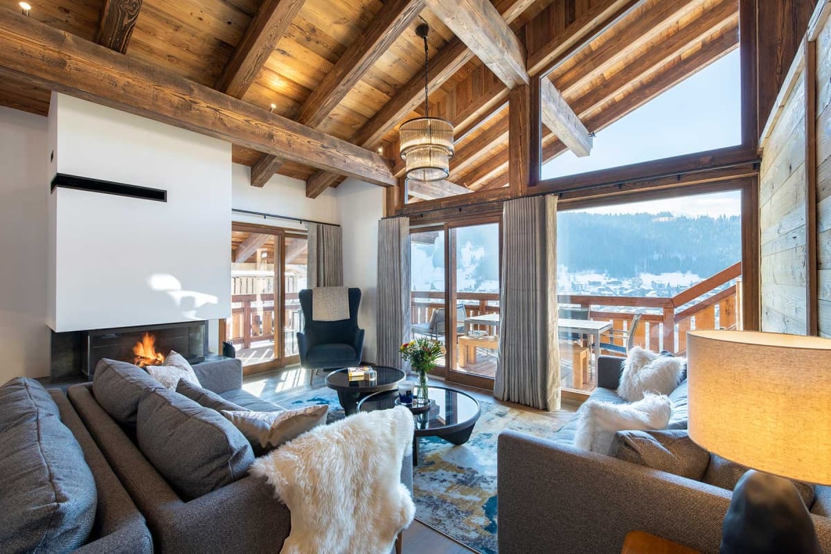 Alpine ski chalet exterior at dusk