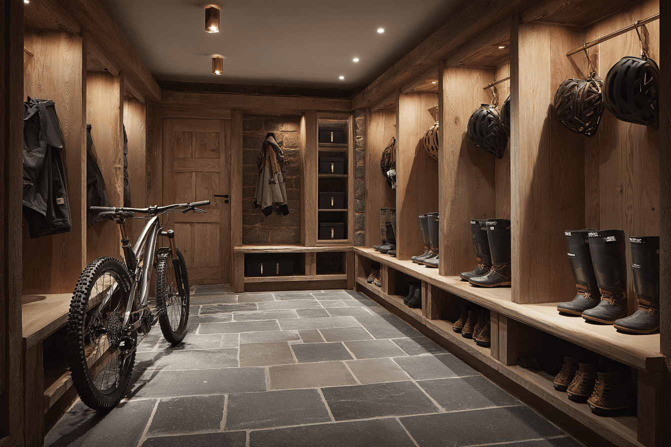 A tidy chalet boot room with ski boots on warmers, helmets on hooks and a mountain bike on a wall rack