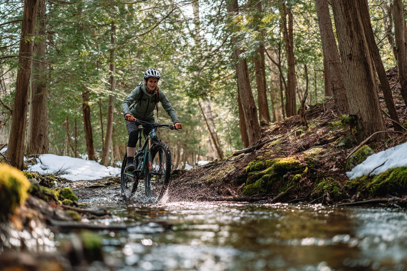 A mountain biker riding a forest trail beside a snowmelt stream, with fresh spring leaves and sunlight through the trees